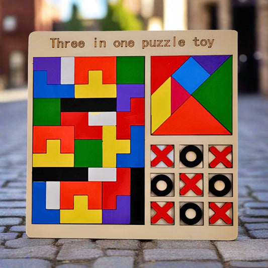 3-in-1 Wooden Educational Tangram & Tic-Tac-Toe Puzzle Toy for Kids